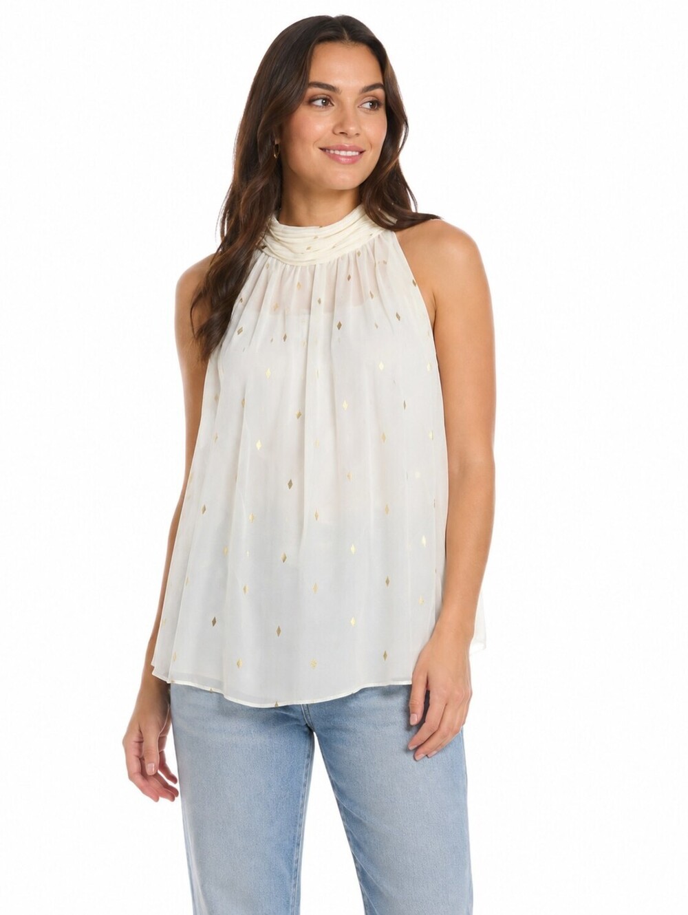Zac & Rachel Women’s  Ivory Gold Diamond Print Chiffon Sleeveless Blouse - XL